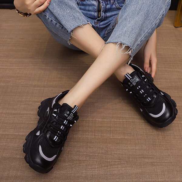 

Minimalist Lace Up Front Chunky Sneakers, Black