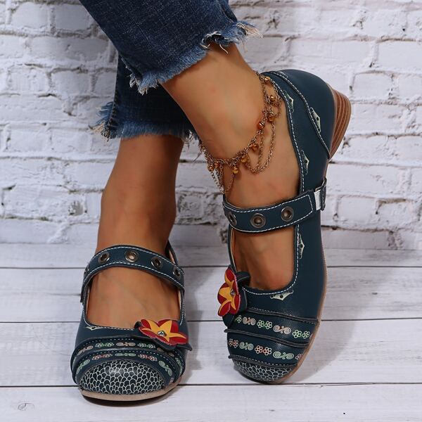 

Floral Decor Velcro Strap Flats, Multicolor