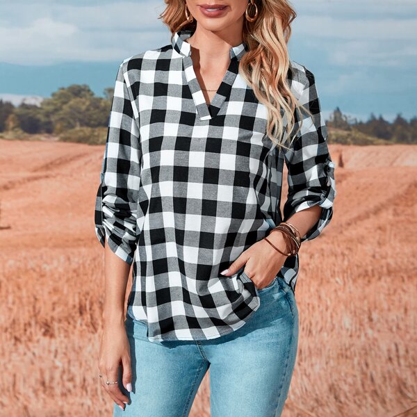 

Buffalo Plaid Roll Tab Sleeve Blouse, Black and white
