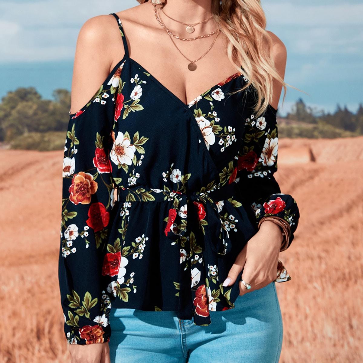 с поясом На запах Со цветочками Бохо Женские блузки