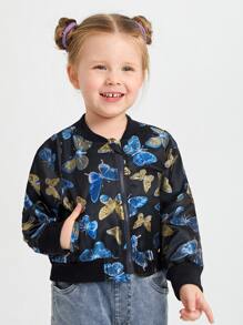 SHEIN Toddler Girls Butterfly Print Zipper Bomber Jacket - Multicolor - View 1