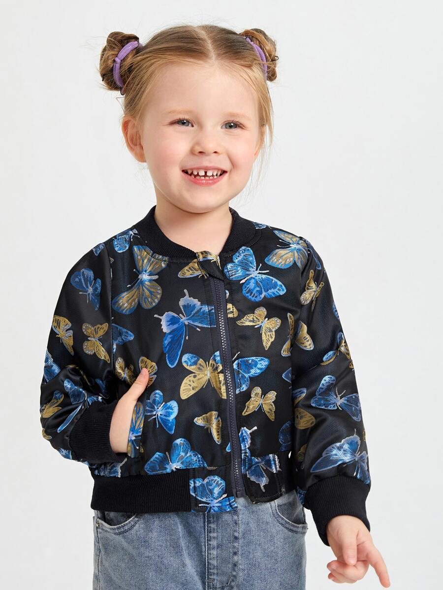 SHEIN Toddler Girls Butterfly Print Zipper Bomber Jacket - Multicolor - View 1