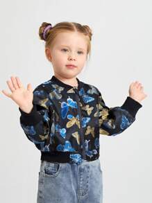 SHEIN Toddler Girls Butterfly Print Zipper Bomber Jacket - Multicolor - View 3