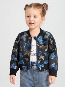 SHEIN Toddler Girls Butterfly Print Zipper Bomber Jacket - Multicolor - View 4