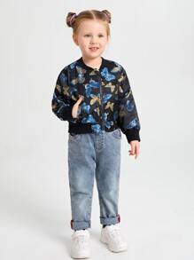 SHEIN Toddler Girls Butterfly Print Zipper Bomber Jacket - Multicolor - View 5
