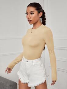 SHEIN Essnce Solid Form Fitted Bodysuit - Khaki - View 3