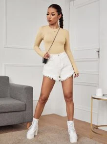 SHEIN Essnce Solid Form Fitted Bodysuit - Khaki - View 5