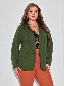 Plus Solid Shawl Neck Blazer - Army Green - View 3