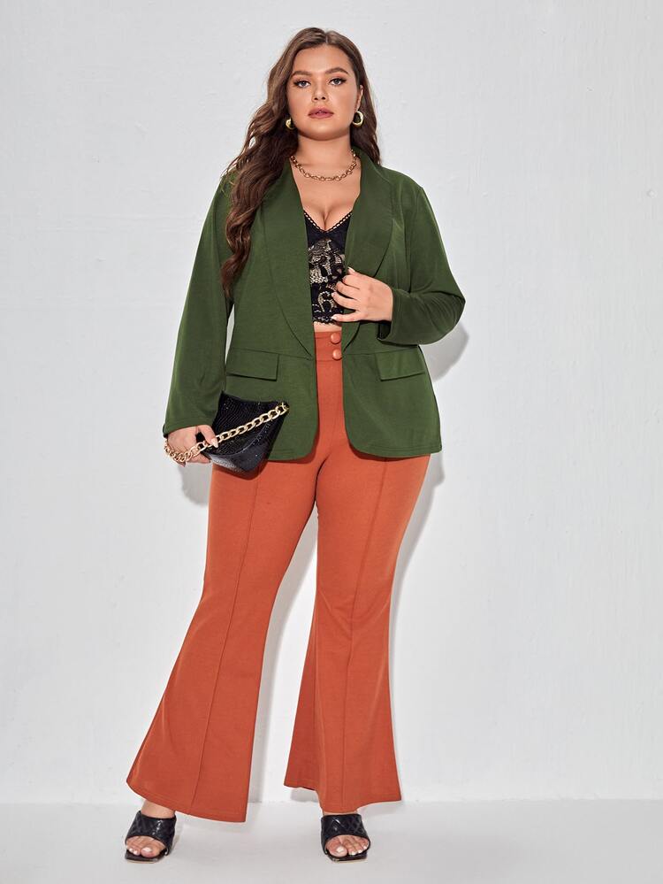 Plus Solid Shawl Neck Blazer - Army Green - View 4