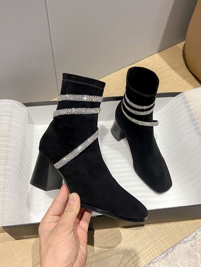 Suedette Rhinestone Decor Slip On Sock Boots