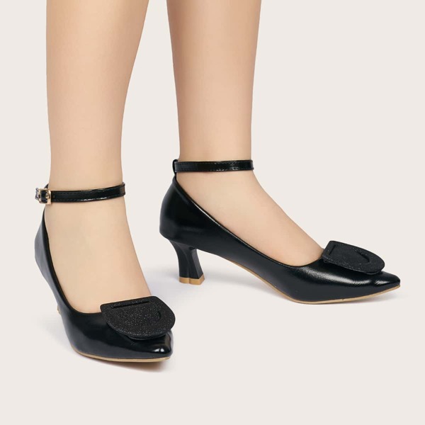 

Glitter Detail Chunky Point Toe Ankle Strap Pumps, Black