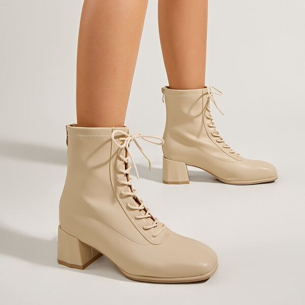 

Lace Up Design Back Zipper Classic Boots, Beige