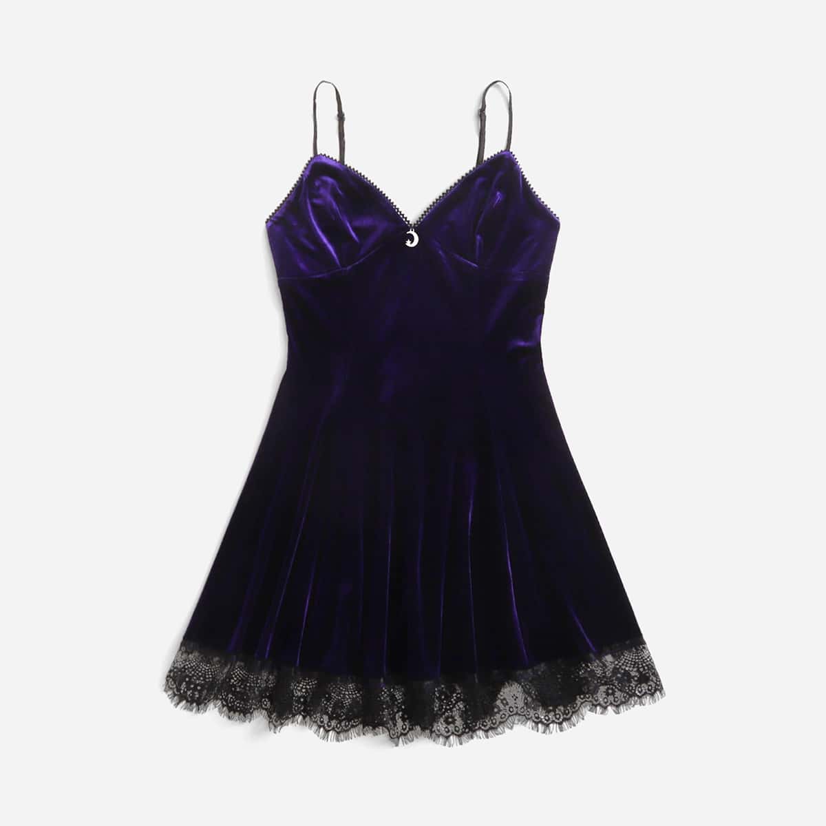 

Contrast Lace Velvet Cami Dress, Navy blue