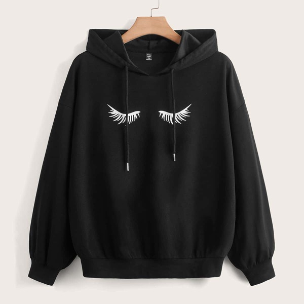 

Plus Eyelash Print Drawstring Detail Hoodie, Black