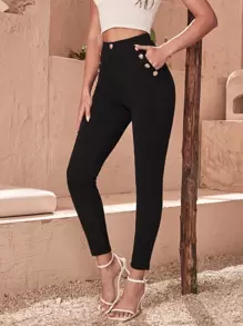 SHEIN Privé High Waist Button Detail Skinny Trousers - Black - View 4