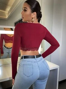 SHEIN SXY 素色深V領拼接蕾絲下擺短款T恤 - 酒紅色 - 查看 2