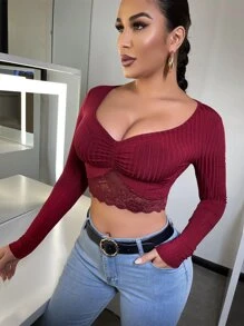 SHEIN SXY 素色深V領拼接蕾絲下擺短款T恤 - 酒紅色 - 查看 3