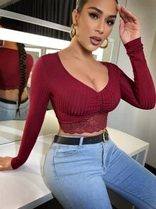 SHEIN SXY 素色深V領拼接蕾絲下擺短款T恤 - 酒紅色 - 查看 5