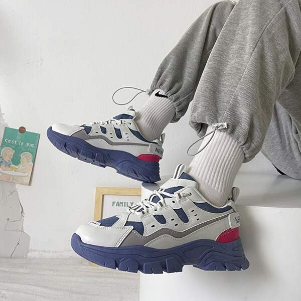

Colorblock Letter Graphic Chunky Sneakers, Blue and white