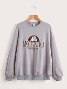 SHEIN Teen Girls Letter & Boat Embroidery Drop Shoulder Pullover - Light Grey - View 1