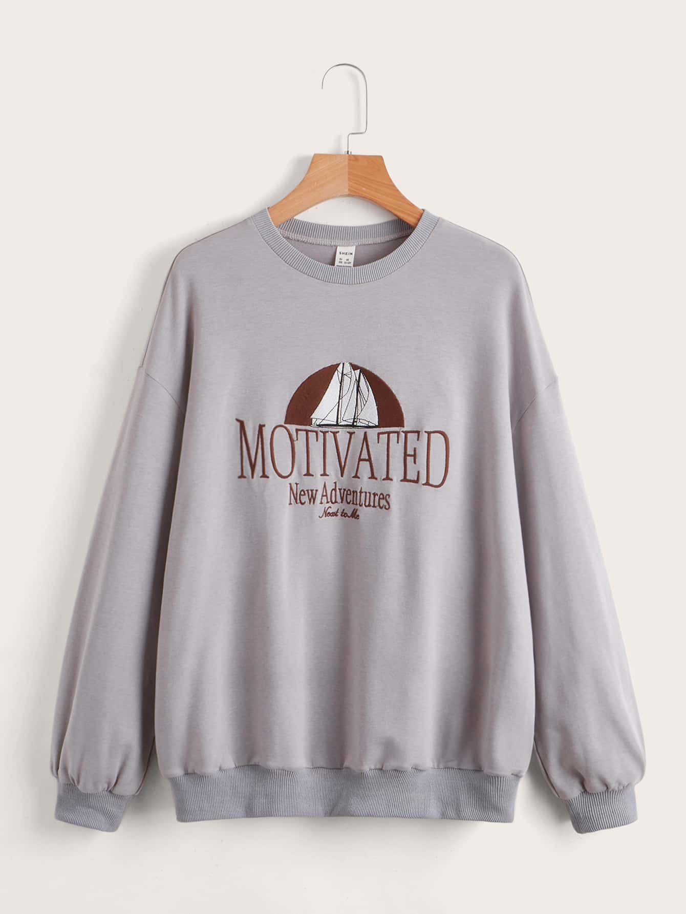 SHEIN Teen Girls Letter & Boat Embroidery Drop Shoulder Pullover - Light Grey - View 1