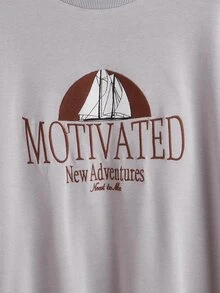 SHEIN Teen Girls Letter & Boat Embroidery Drop Shoulder Pullover - Light Grey - View 3