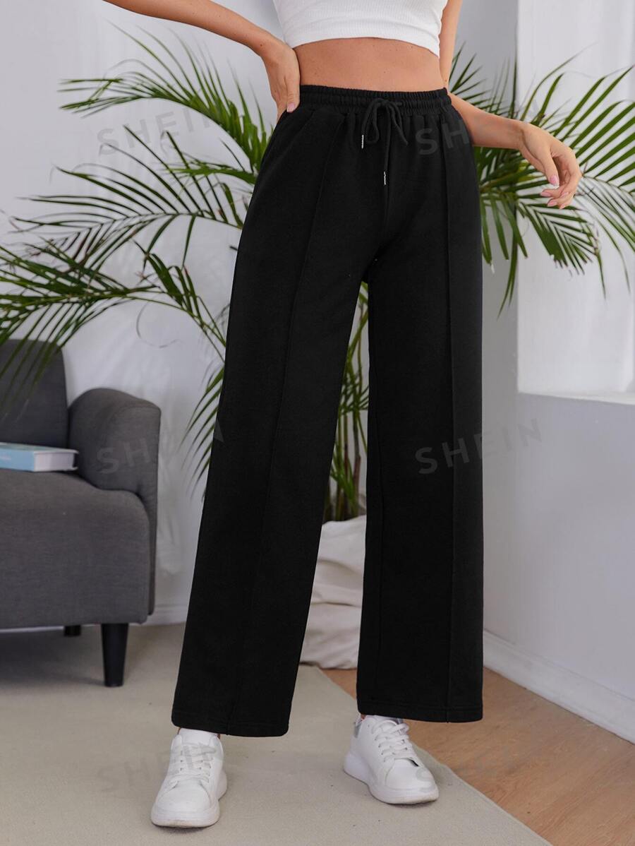 SHEIN Essnce Pantalones unicolor con costura delantera - Negro - Ver 1