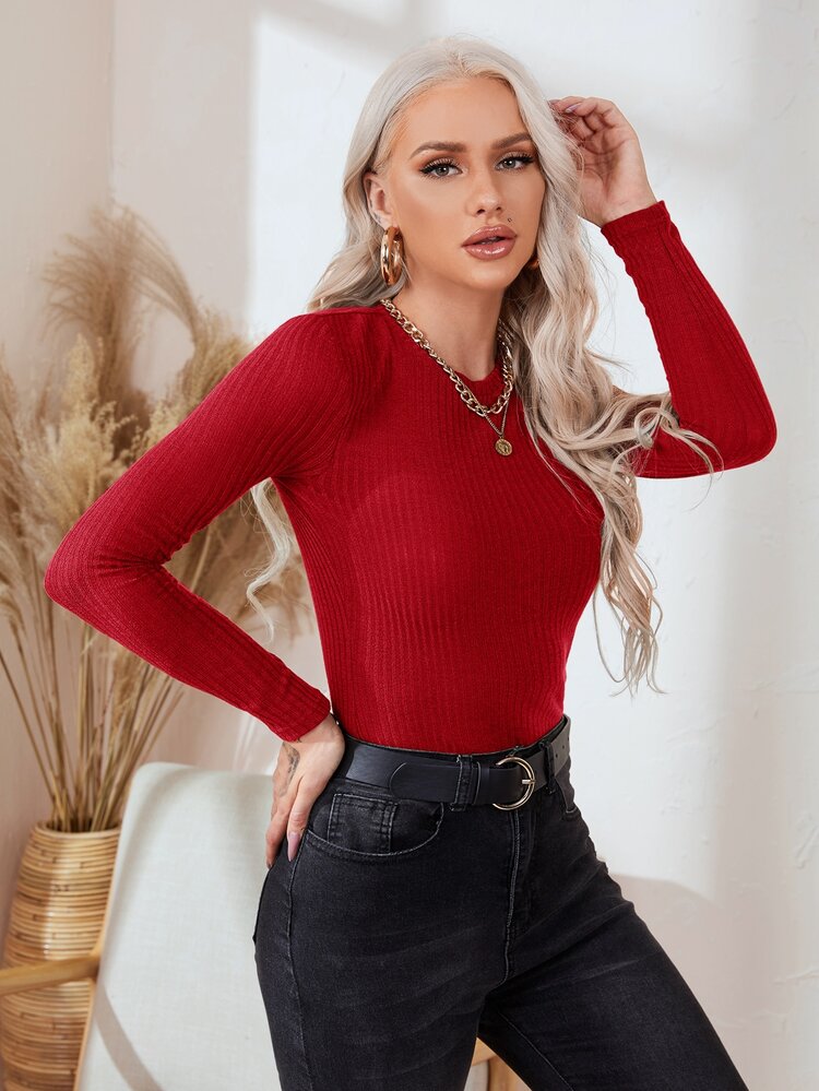 SHEIN Clasi Marble Ribbed Knit Long Sleeve Tee - Red - View 3