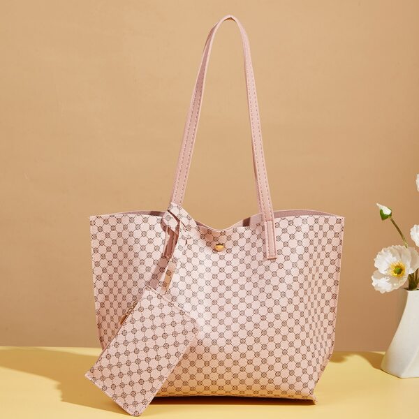 

Geometric Graphic Tote Bag With Clutch Bag, Multicolor