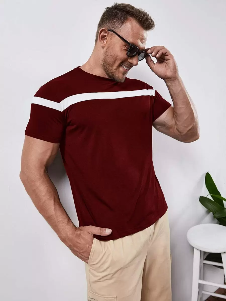 Manfinity Men Stripe Panel Tee - Burgundy - View 1