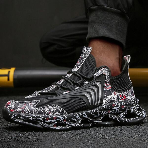 

Men Lace Up Decor Knit Chunky Sneakers, Black