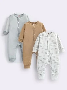 男嬰3入組卡通圖案條紋圖案前紐扣連身褲 - 彩色 - 查看 1