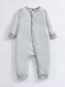 男嬰3入組卡通圖案條紋圖案前紐扣連身褲 - 彩色 - 查看 3