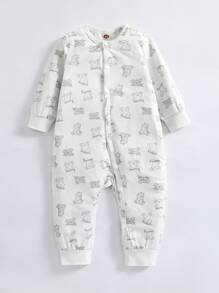 男嬰3入組卡通圖案條紋圖案前紐扣連身褲 - 彩色 - 查看 7