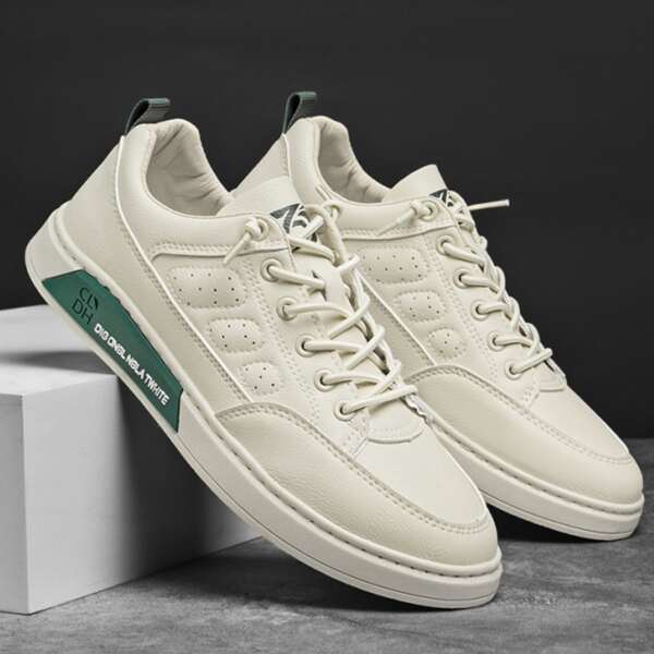 

Men Lace-up Front Low Top Skate Shoes, Beige
