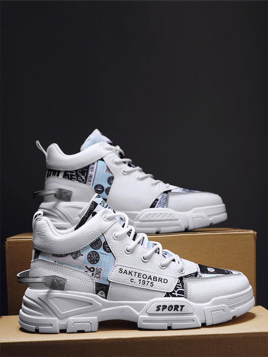 男士字母圖案前綁帶運動鞋 - 藍白色 - 查看 1