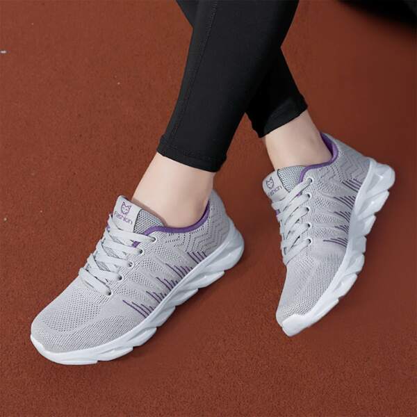 

Striped Pattern Lace-up Front Knit Sneakers, Light grey
