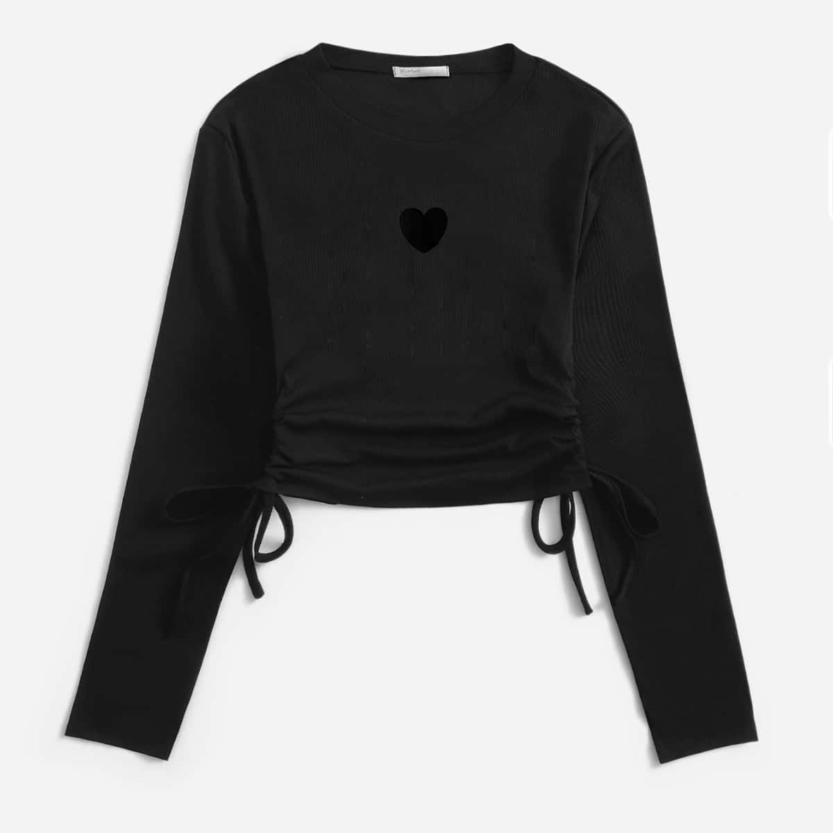 

Heart Cut Out Ribbed Drawstring Tee, Black