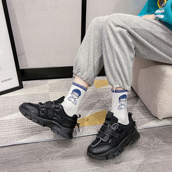 

Minimalist Drawstring Design Chunky Sneakers, Black