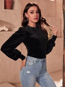 SHEIN Solid Puff Sleeve Velvet Top - Black - View 1