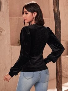 SHEIN Solid Puff Sleeve Velvet Top - Black - View 2