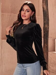 SHEIN Solid Puff Sleeve Velvet Top - Black - View 3
