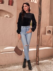 SHEIN Solid Puff Sleeve Velvet Top - Black - View 4