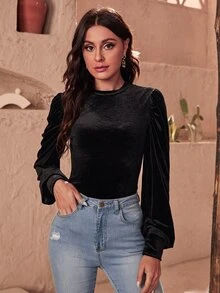 SHEIN Solid Puff Sleeve Velvet Top - Black - View 5