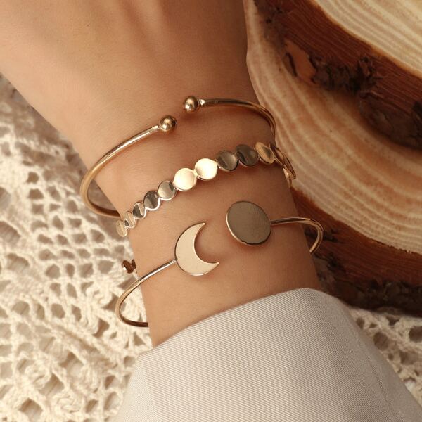 

3pcs Moon Decor Cuff Bangle, Gold