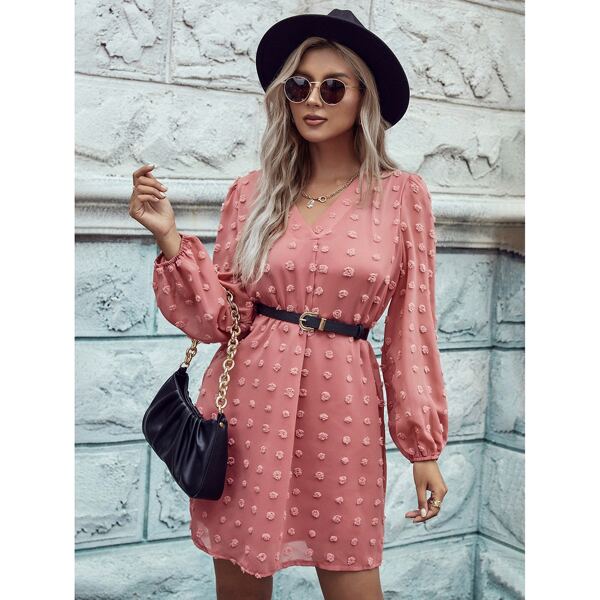 

Swiss Dot Lantern Sleeve Chiffon Dress Without Belt, Dusty pink