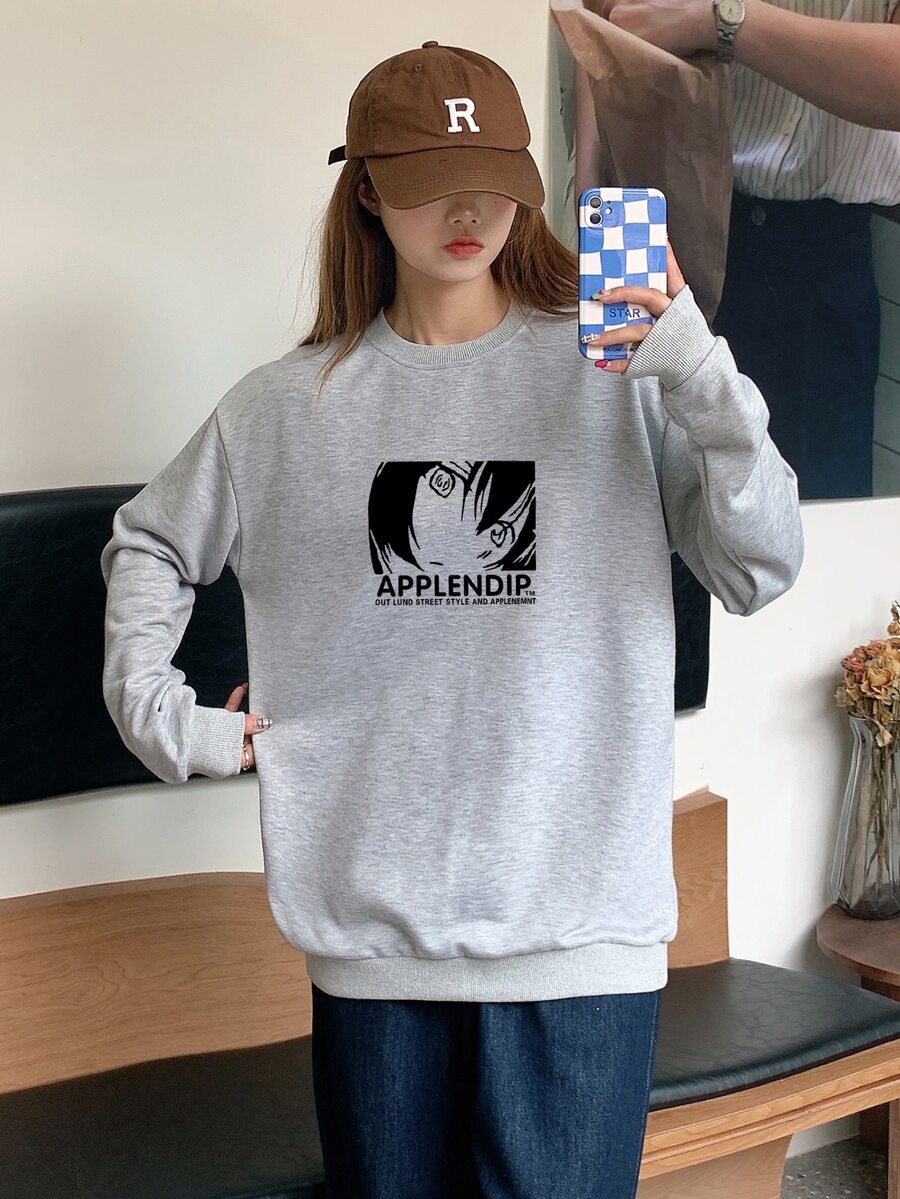 Cartoon & Letter Graphic Drop Shoulder Pullover - Light Grey - View 1