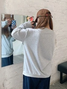 Cartoon & Letter Graphic Drop Shoulder Pullover - Light Grey - View 2