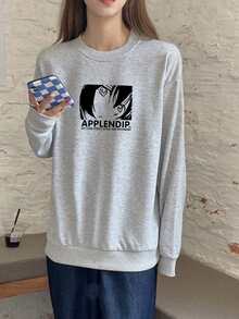Cartoon & Letter Graphic Drop Shoulder Pullover - Light Grey - View 3