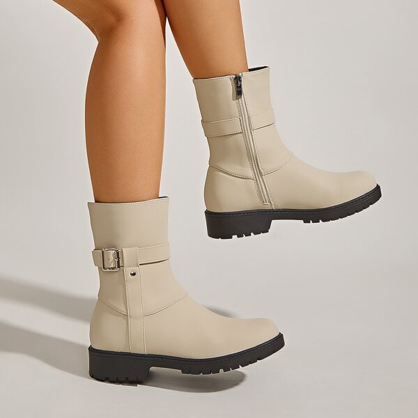 

Solid Buckle Decor Side Zipper Fashion Boots, Beige